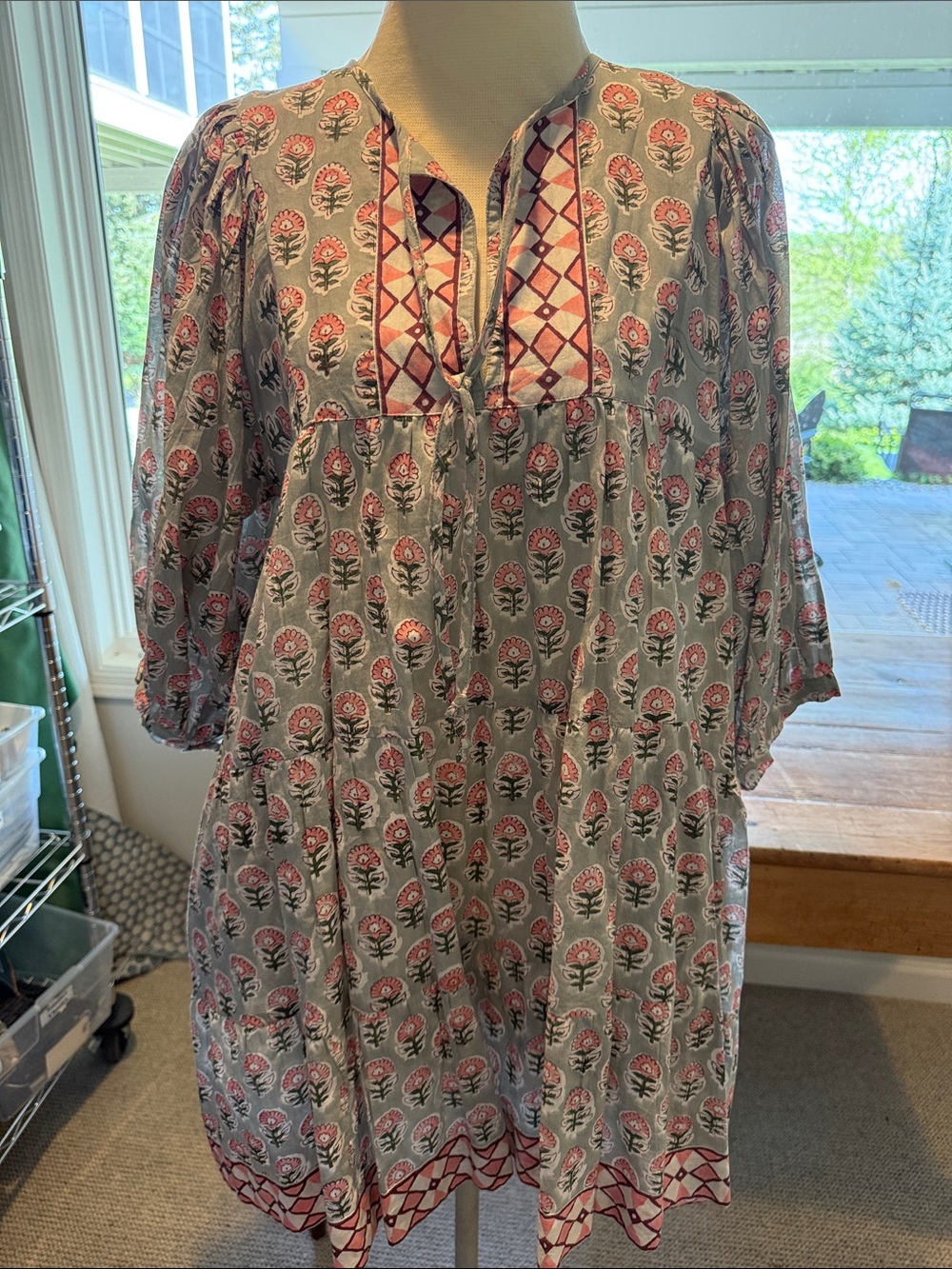 Women's Gray and Pink Floral Midi Dress with Patterned Yoke